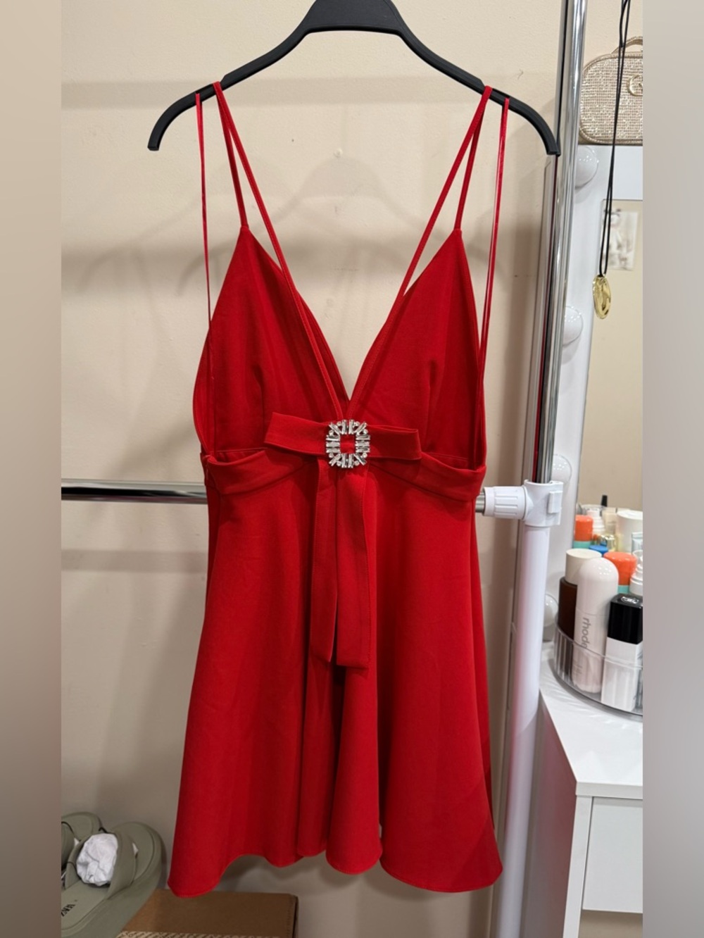 ZARA Red Mini Dress Strappy Back Rhinestone Detail Size S NWOT